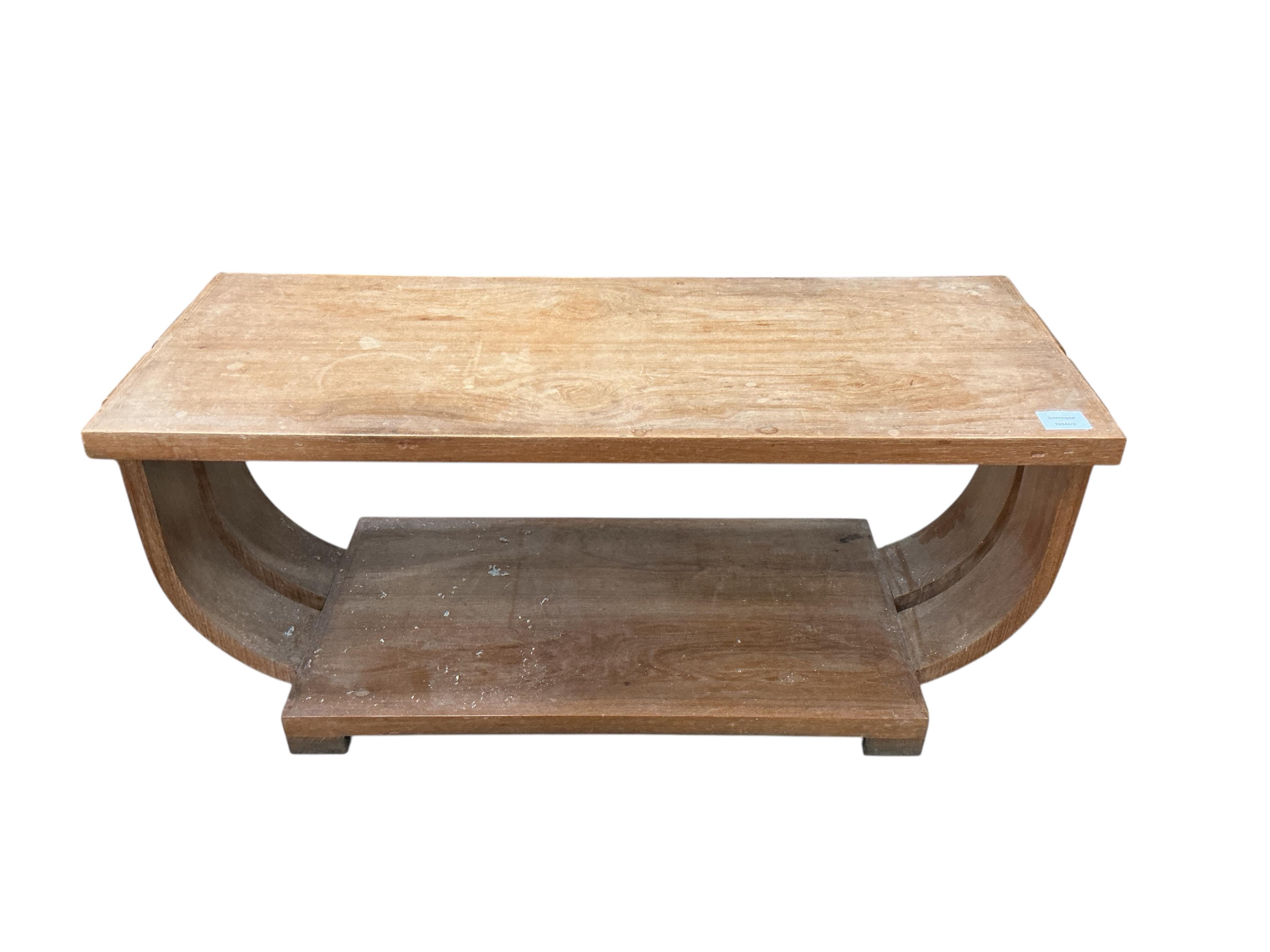 A pair of Art Deco rectangular maple occasional tables in the manner of Gilbert Rohde for Saltman-Brown, width 95cm, depth 37cm, height 41cm